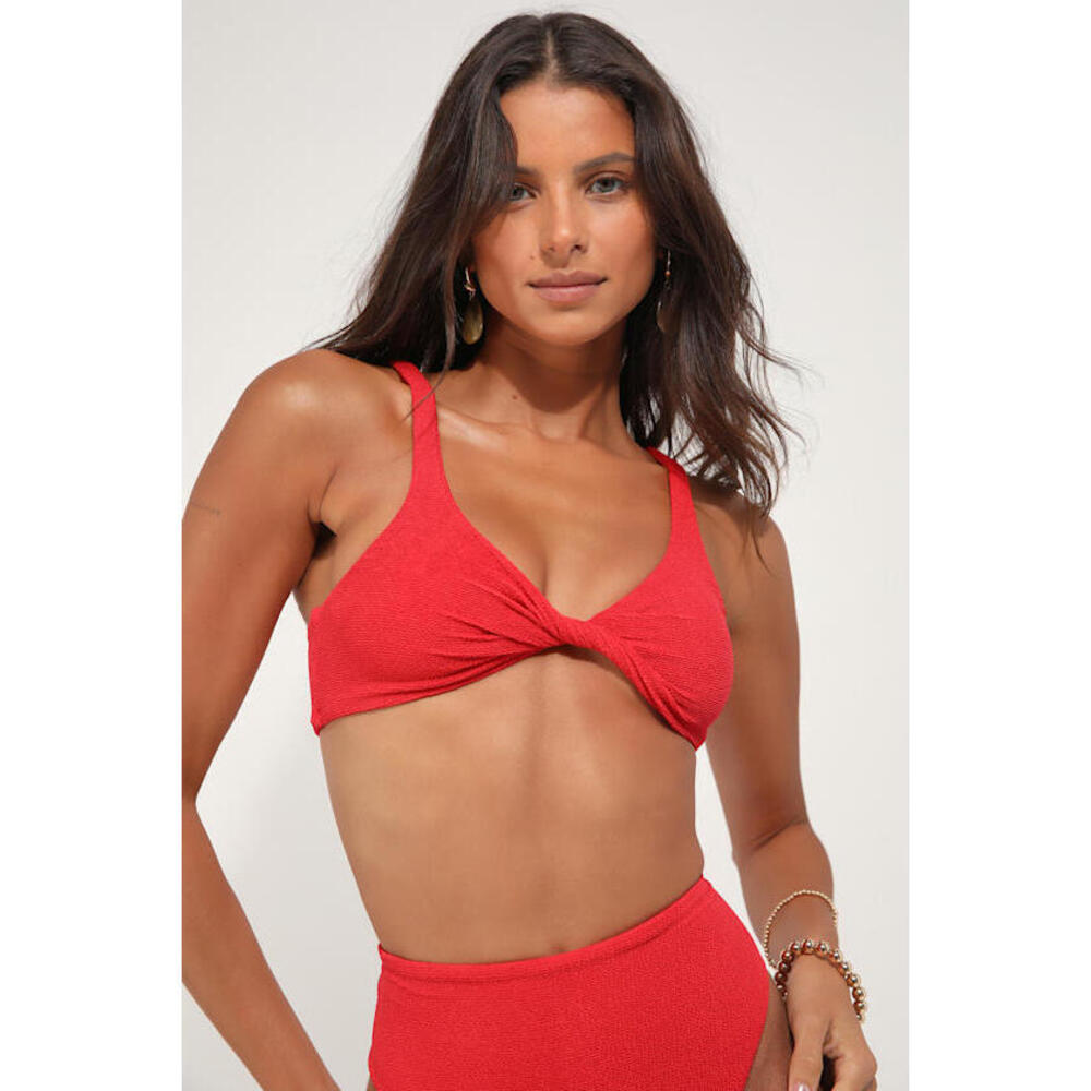 Lulus Sunshine Seeking Red Crinkled Twist-front Bralette Bikini Top - Size S